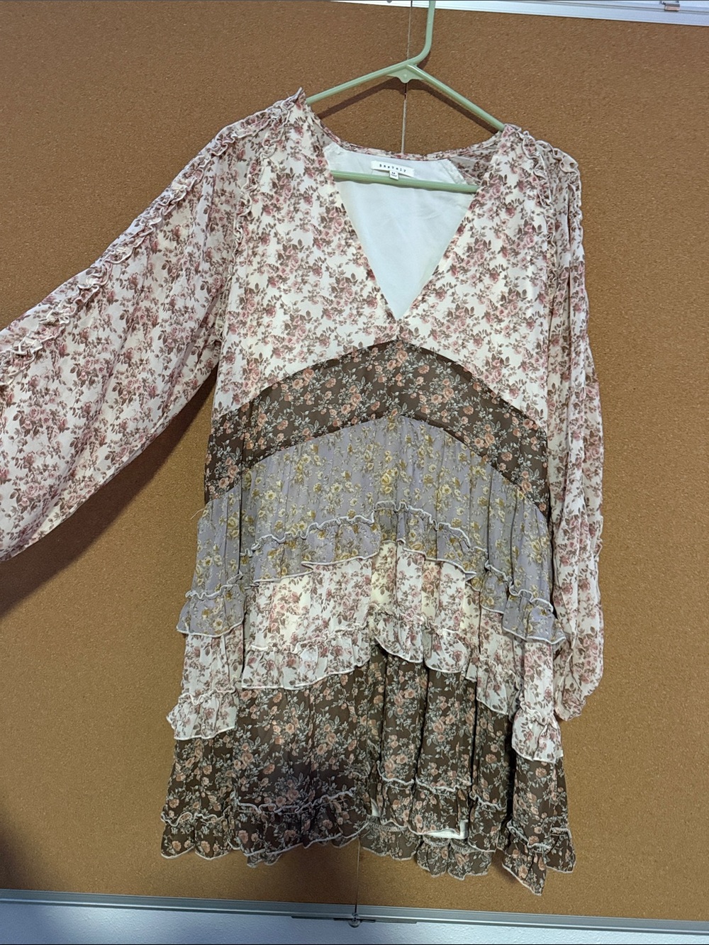 Floral Tiered Long-Sleeve V-Neck Dress - Pink Multi